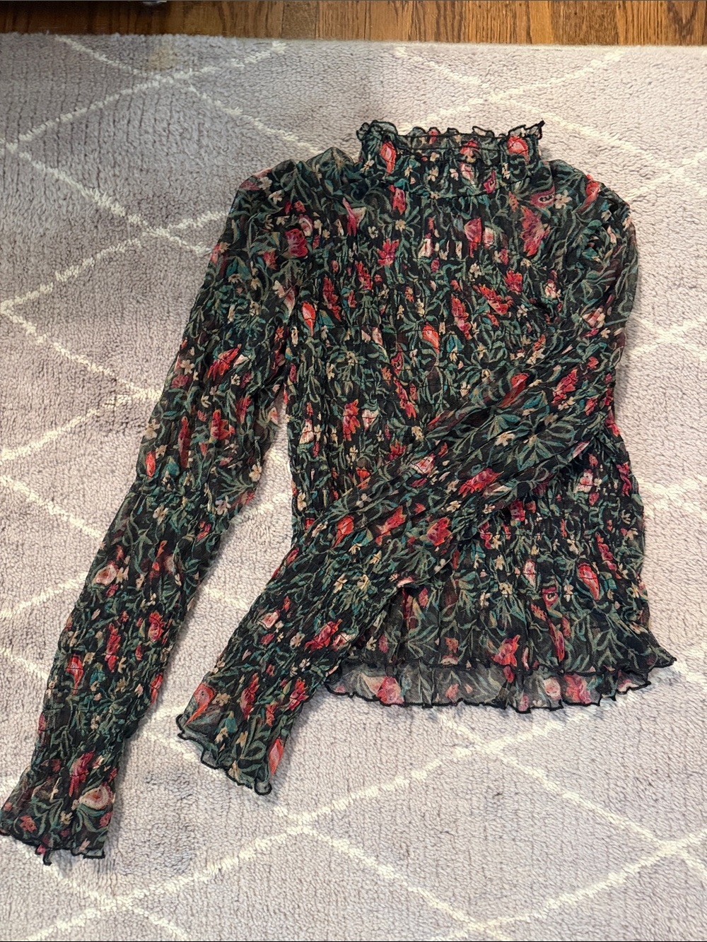 Free People Dark Green Floral Smocked Long-Sleeve Top